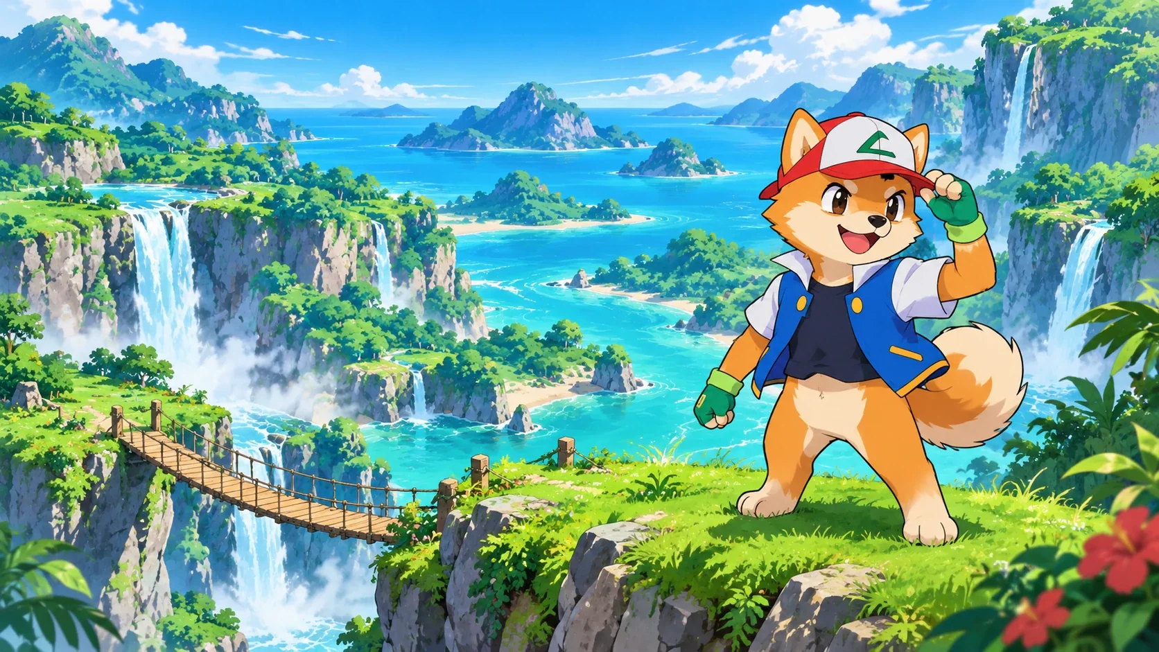 Inu Ash tipping his cap on a cliff above islands and waterfalls